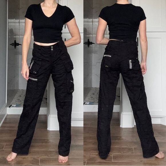 Johnny Was Cargo Multi Zipper Black Embroidered Pants Size 6
